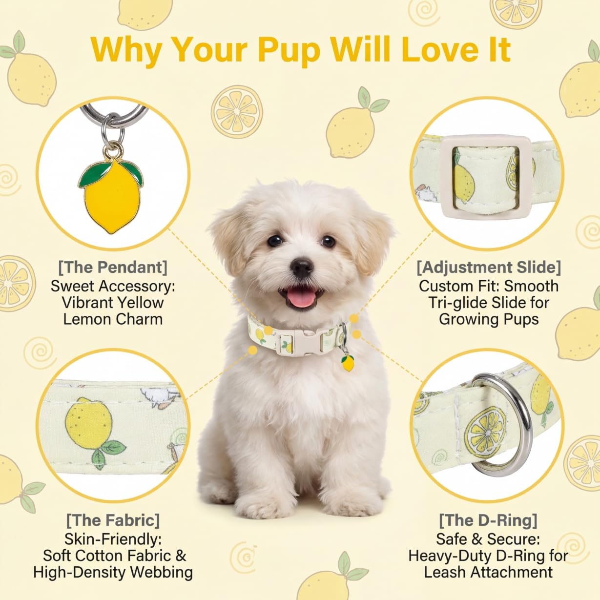 Britwicfr Dog Collar, Spring Summer Dog Collar with Yellow Lemon and Cute Charm, Pet Collar with Quick Release Buckle and Durable Fabric, Suitable for Small Dogs
