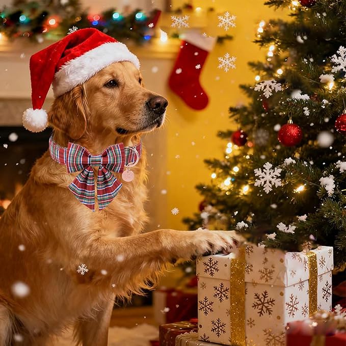 UP URARA PUP Christmas Plaid Dog Collar with Bow, Red and Blue Check Adjustable Pet Collar with Quick Release, Christmas Stripes Bowtie Collar for Small Medium Large Dogs S