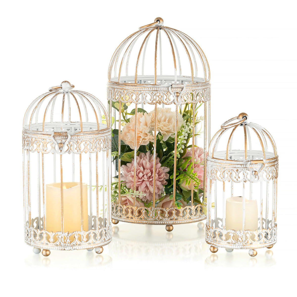 NUPTIO Decorative Candle Lanterns White, Distressed White Metal Bird Cage