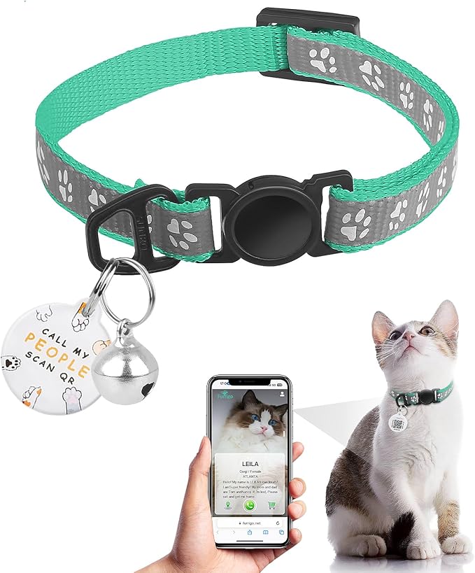 Breakaway Reflective Cat Collar with QR Name Tag & Bell (Sky Blue)
