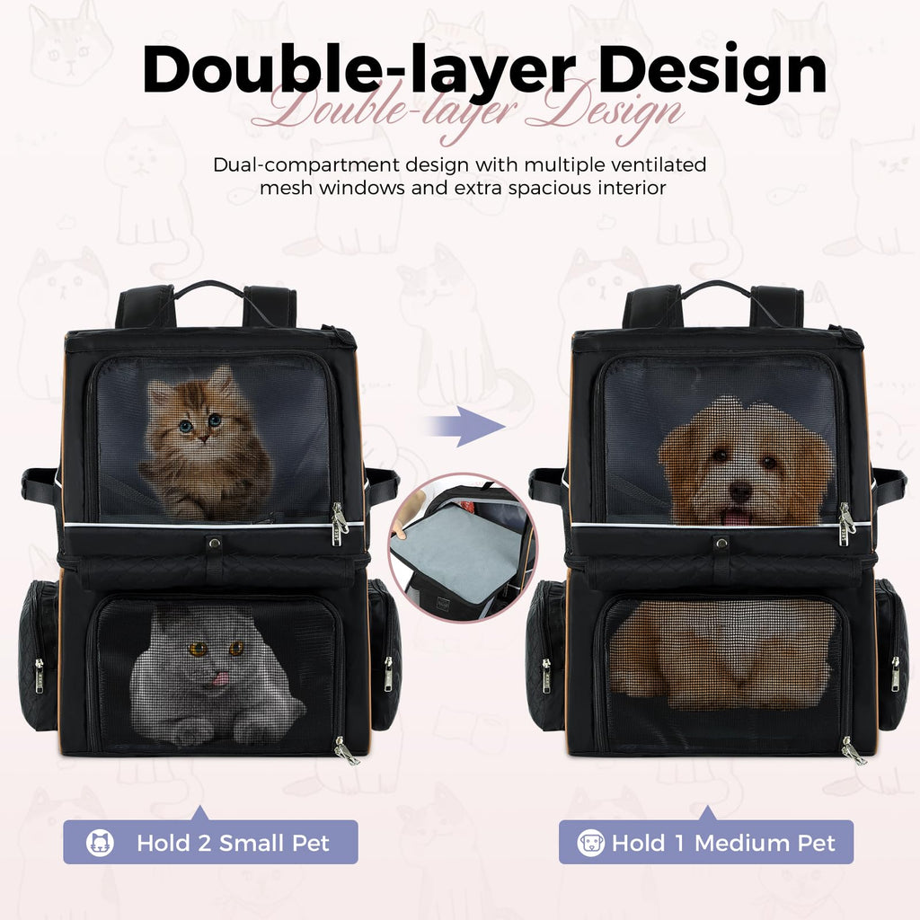 Lekebobor Double Cat Backpack Carrier for 2 Cats, Double-Compartment Pet Carrier Backpack for Two Small Cat or One Medium Cat, Cats Carrier Backpack Dog Carrier Backpack Fits Up to 24 Lbs,Black