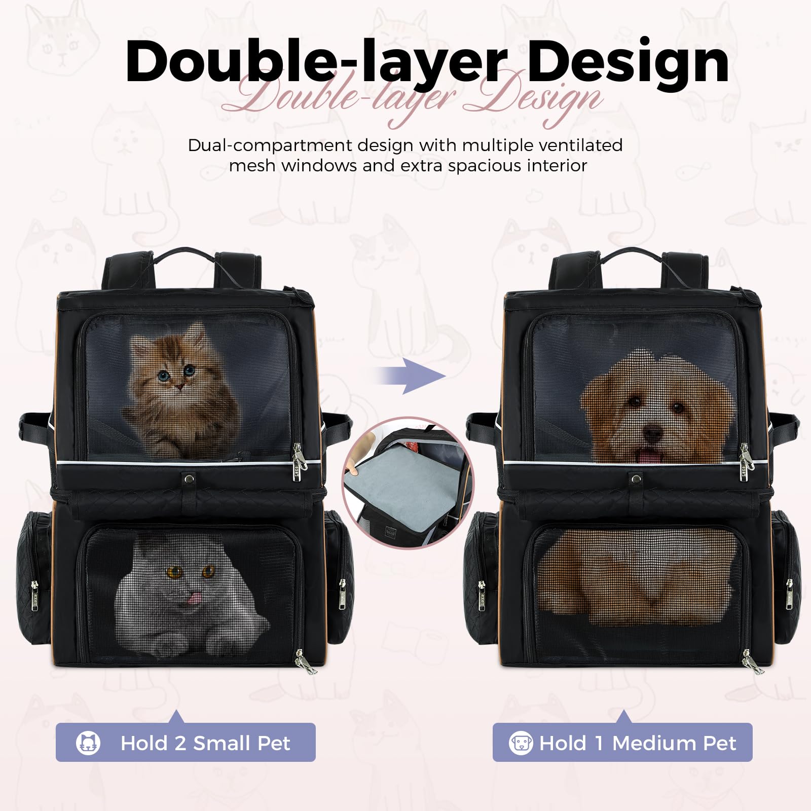 Lekebobor Double Cat Backpack Carrier for 2 Cats, Double-Compartment Pet Carrier Backpack for Two Small Cat or One Medium Cat, Cats Carrier Backpack Dog Carrier Backpack Fits Up to 24 Lbs,Black