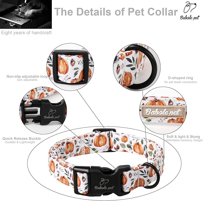 Babole Pet Fall Dog Collar, Cute Orange Pumpkin Pattern Puppy Collar, Soft Comfort Adjustable Holiday Thanksgiving Dog Collars for Small Medium Large Boy&Girl Dogs L