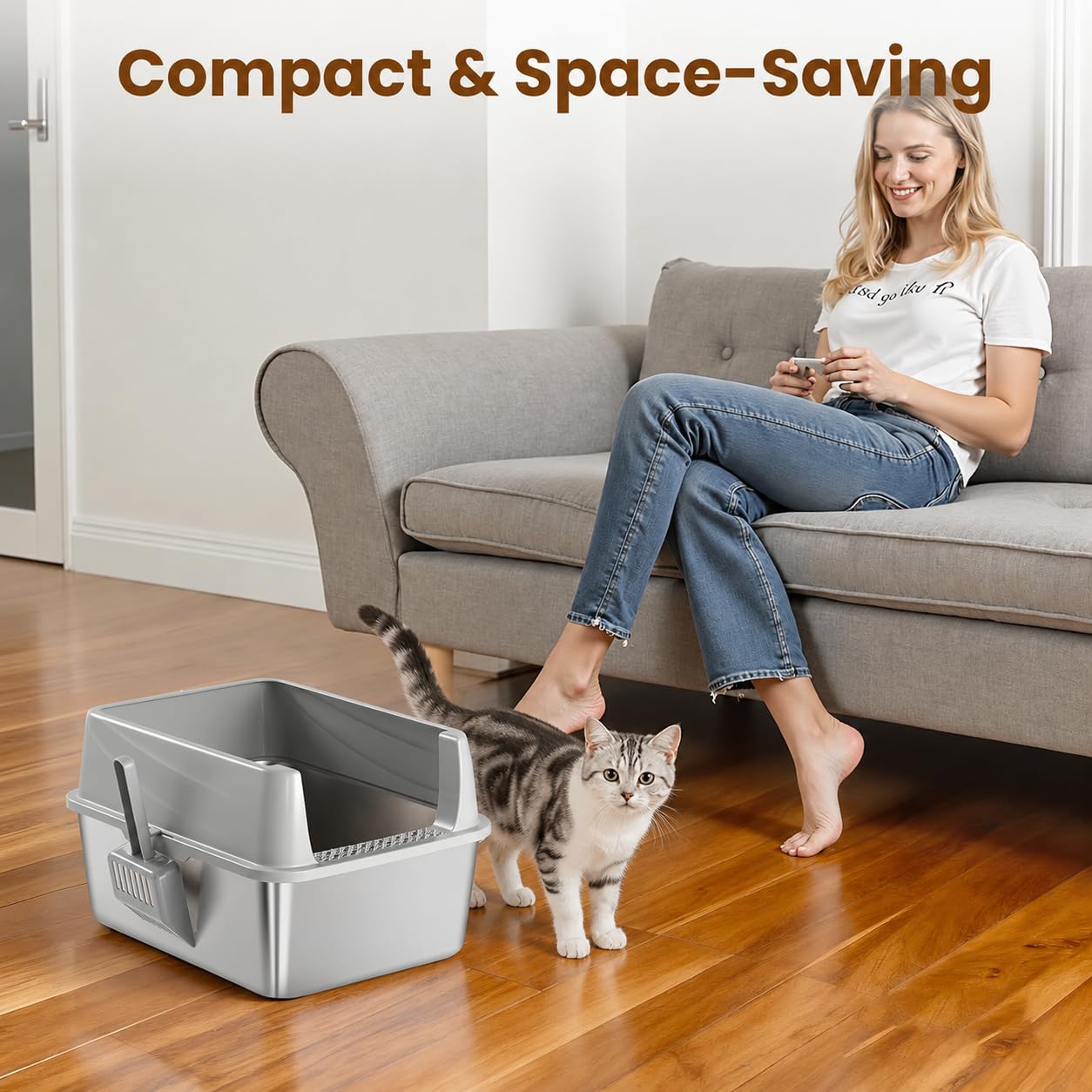 TIUUBT Stainless Steel Sifting Litter Box for Pine Pellets, Sifting Cat Litter Box with Sifter, High Side for Small Cats, Anti-Leakage, Odor Control, Includes Scooper, 17.7" x 13.8" x 11"