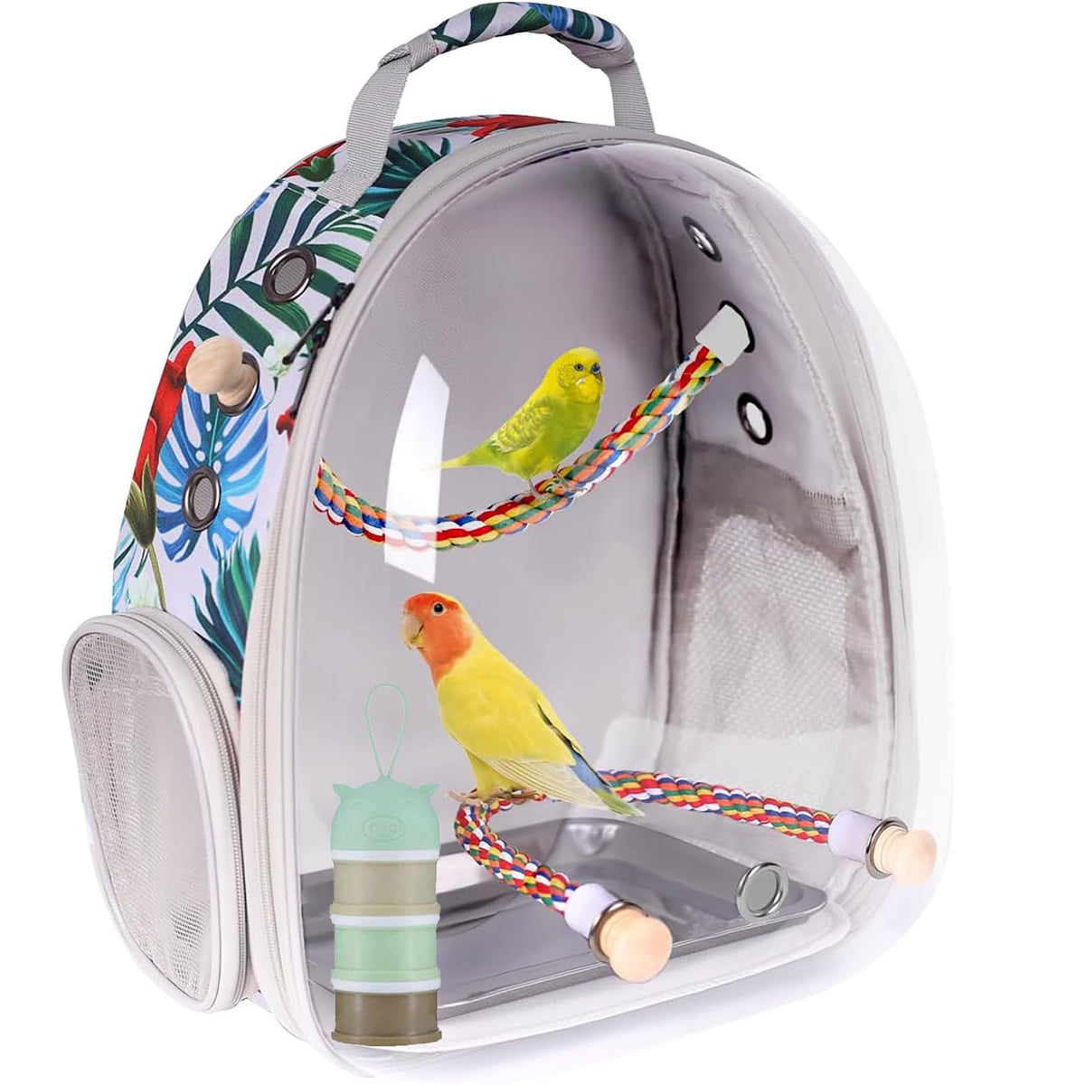 Bird Traval Carrier Cage, Clear Space Capsule Astronaut Backpack to Carry Parakeet Cockatiel Parrot with Metal Tray Wood Perch Bird Feeder, Vet Transport School Bag