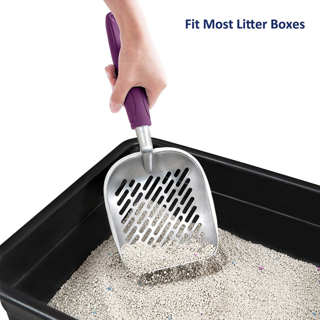 WePet Cat Litter Scoop, Aluminum Alloy Sifter, Kitty Metal Scooper, Deep Shovel with Diagonal Sifting Hole, Long Handle, Kitten Poop Lifter for Litter Box, Medium Size, Violet Handle
