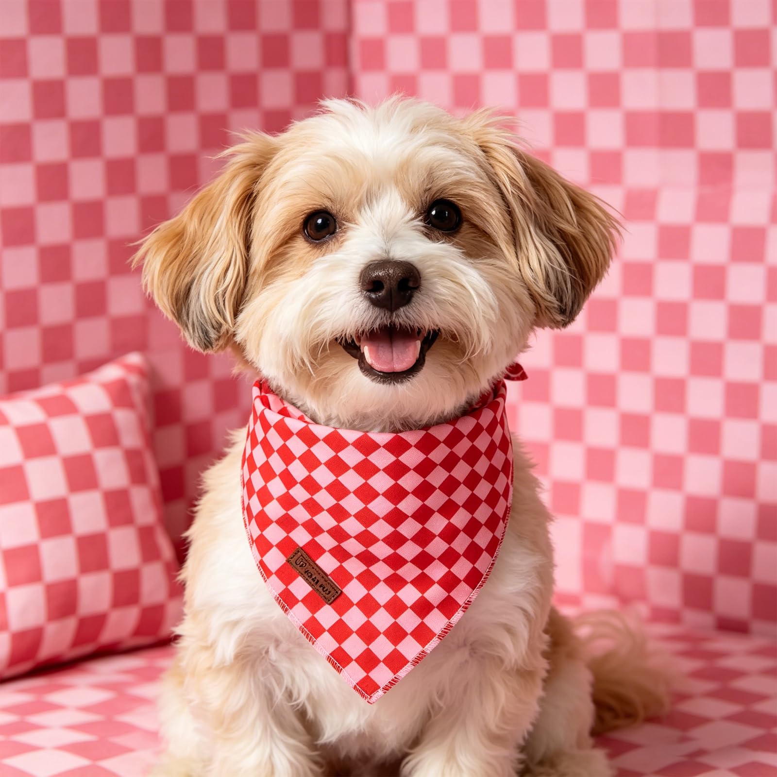 UP URARA PUP Red and Pink Plaid Dog Bandana–Red and Pink Checked Triangle Scarf for Small Medium Large Dogs, Soft Cotton Pet Bib for Dogs, Adjustable Dog Kerchief