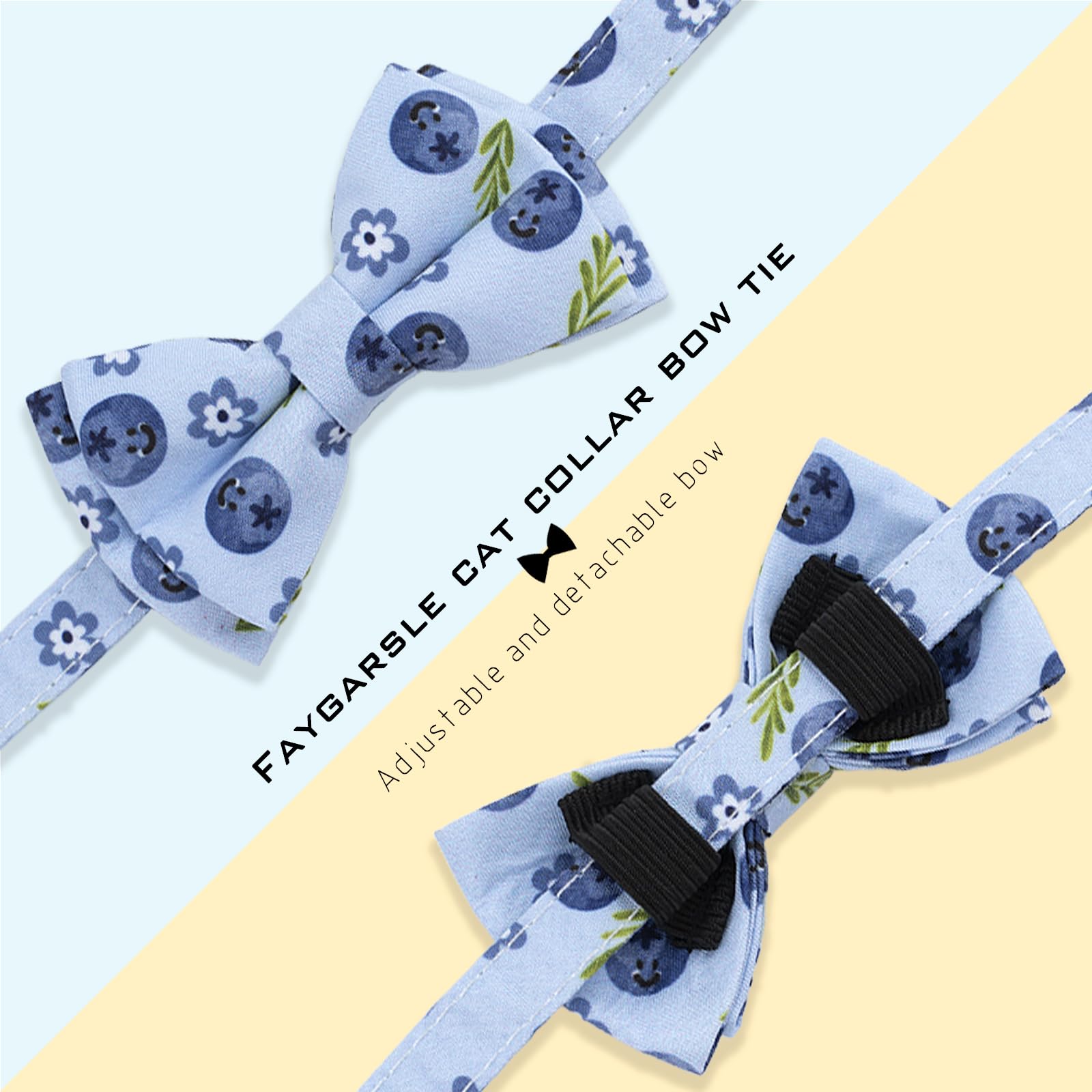 Faygarsle 2 Pack Blueberry Pattern Cat Collar Set with Bandana and Bow Tie, Light Blue, Breakaway Style with Bell