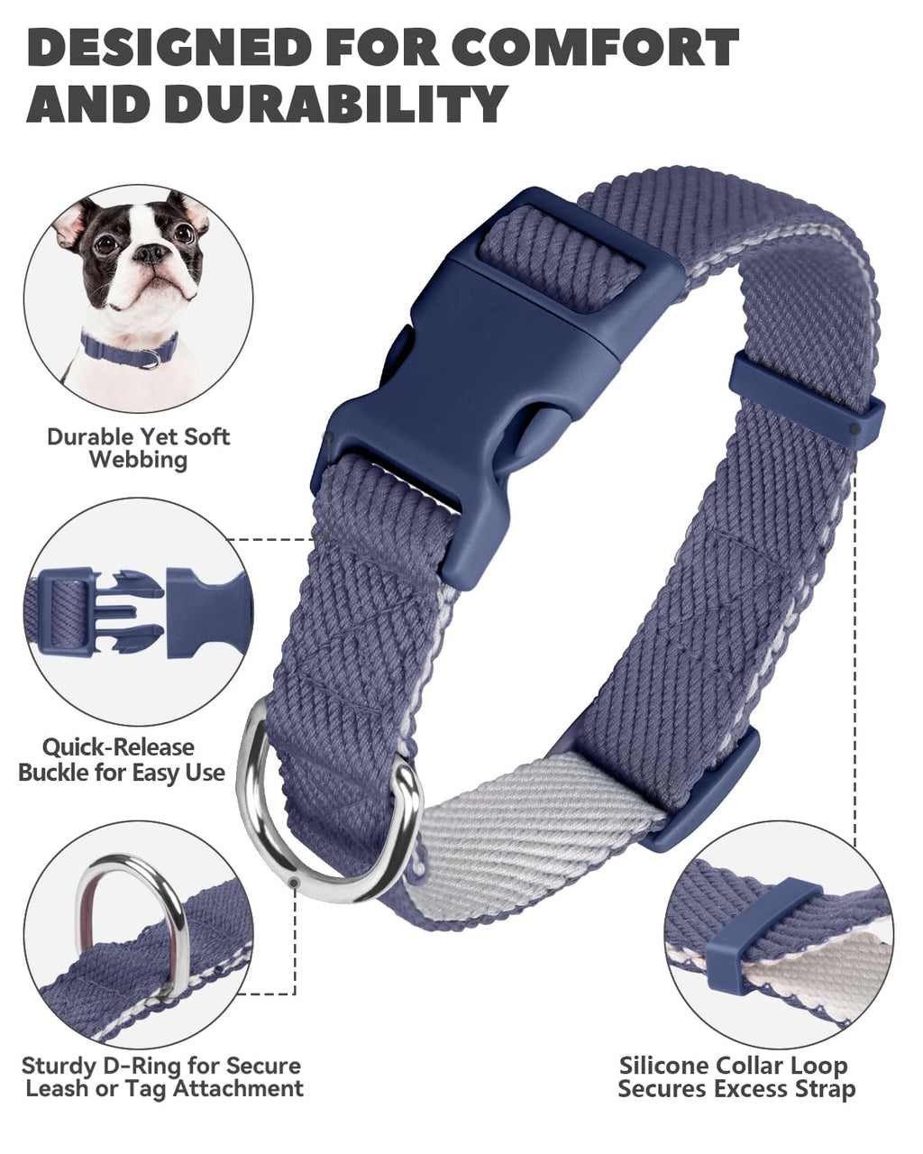 Dynmeow Soft and Breathable Cotton Dog Collar, Durable Adjustable Heavy-Duty Pet Collar with Quick-Release Buckle, Lightweight for Sensitive Skin for Large Dogs, Navy-Blue, L