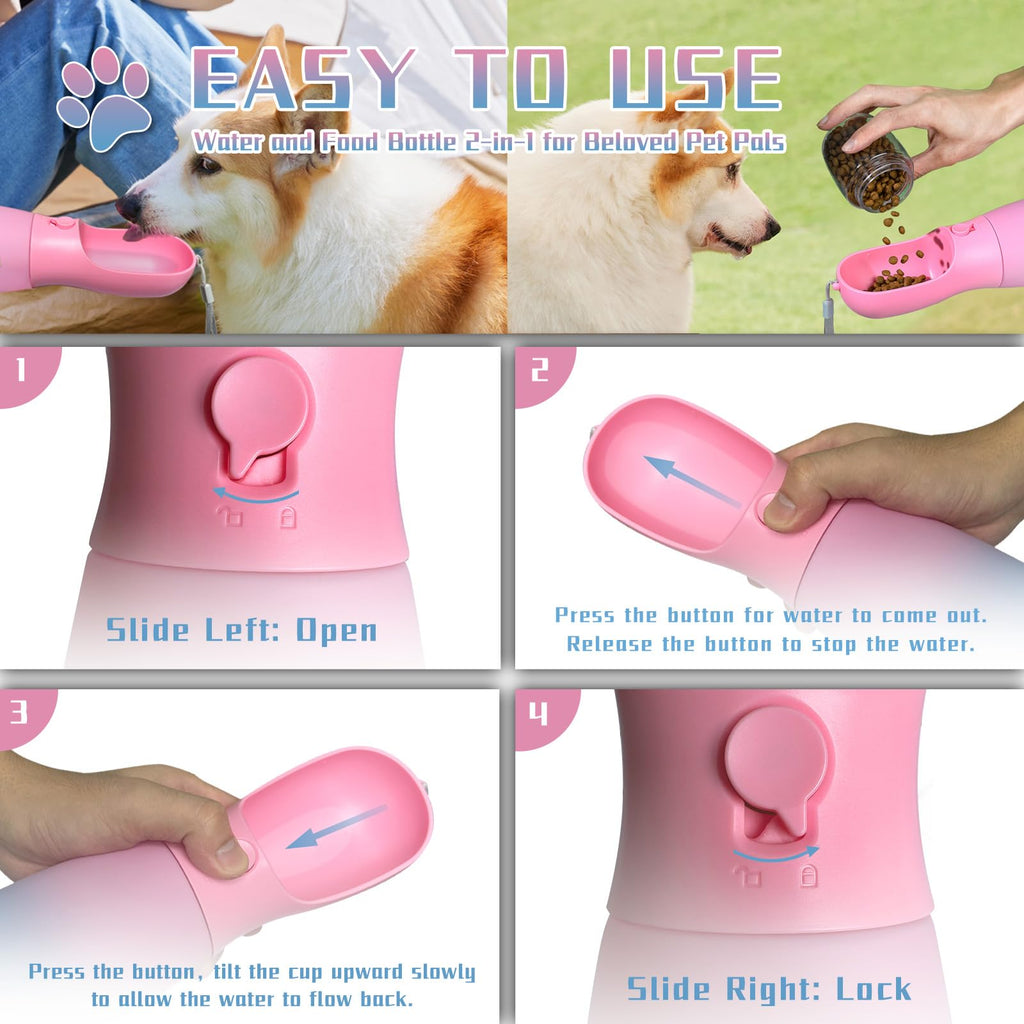 MITOCAPY Dog Water Bottle with Food Container, 19Oz Large Capacity Portable Dog Water Bowl Dispenser, Food Grade New Puppy Essentials & Chihuahua Dog Accessories for Hiking Walking Traveling
