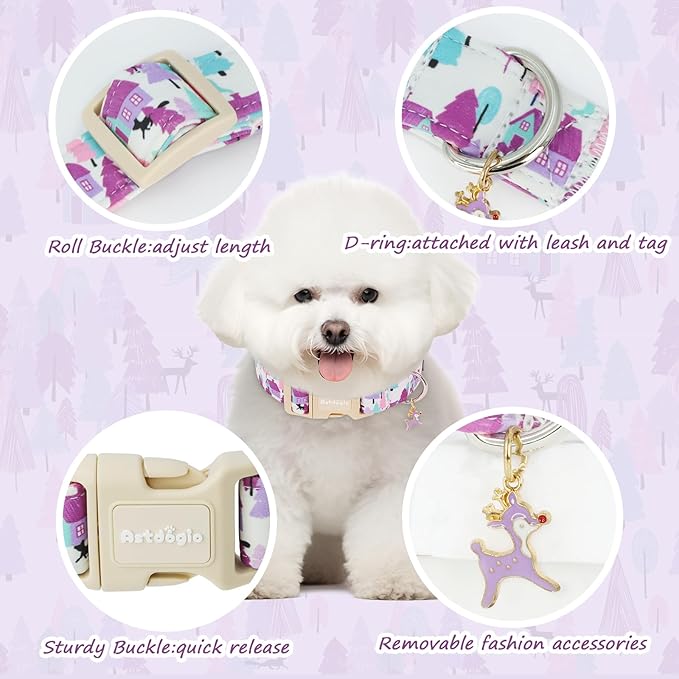 Astdogio Winter Wonderland Dog Collar for Small Dogs，Adjustable White Puppy Collar with Purple Pink Teal Pine Tree, Deer and Cabin Line Art, for Daily Walks, Photos & Seasonal Adventures - M