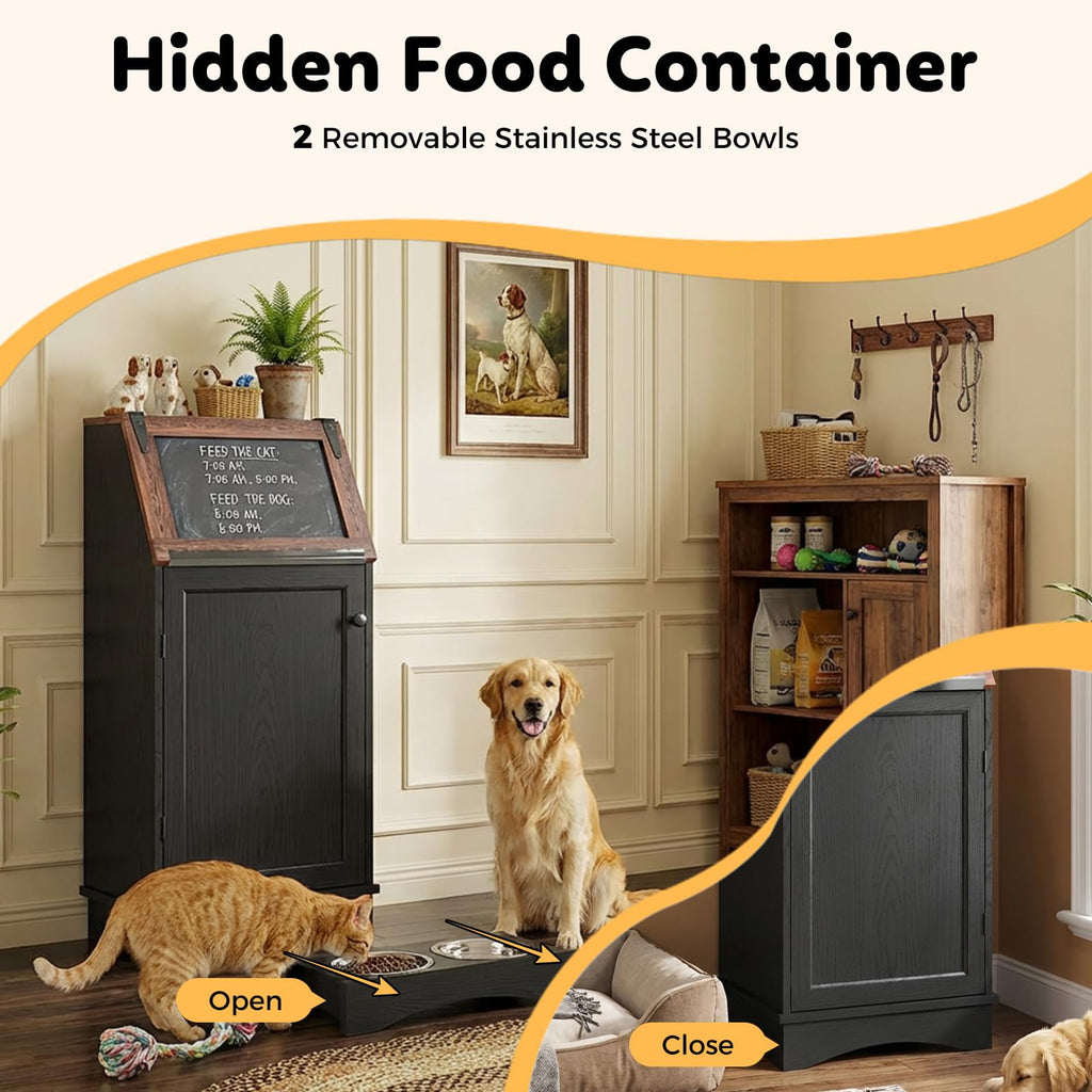 Furnivio Dog Food Feeding Station with Storage, Pet Food Storage Cabinet with Bowls and Flip-Top Blackboard, Hidden Trash Can, Pet Organizer Cabinet for Dog and Cat, Black