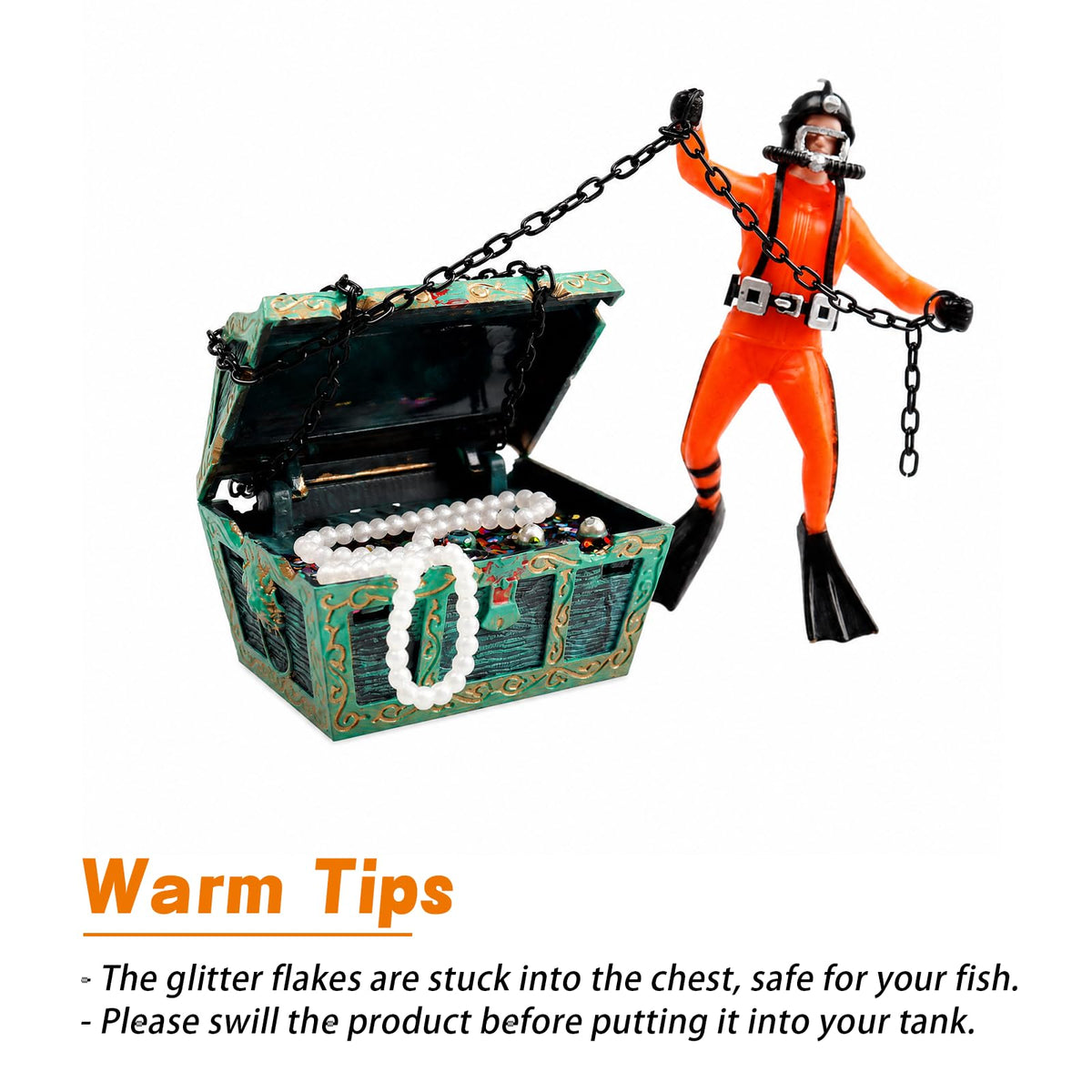 Eyech Live-Action Aquarium Ornament Creative Undersea Treasure Chest Diver Air Bubbler Aerating for Fish Tank Decorations Orange Color