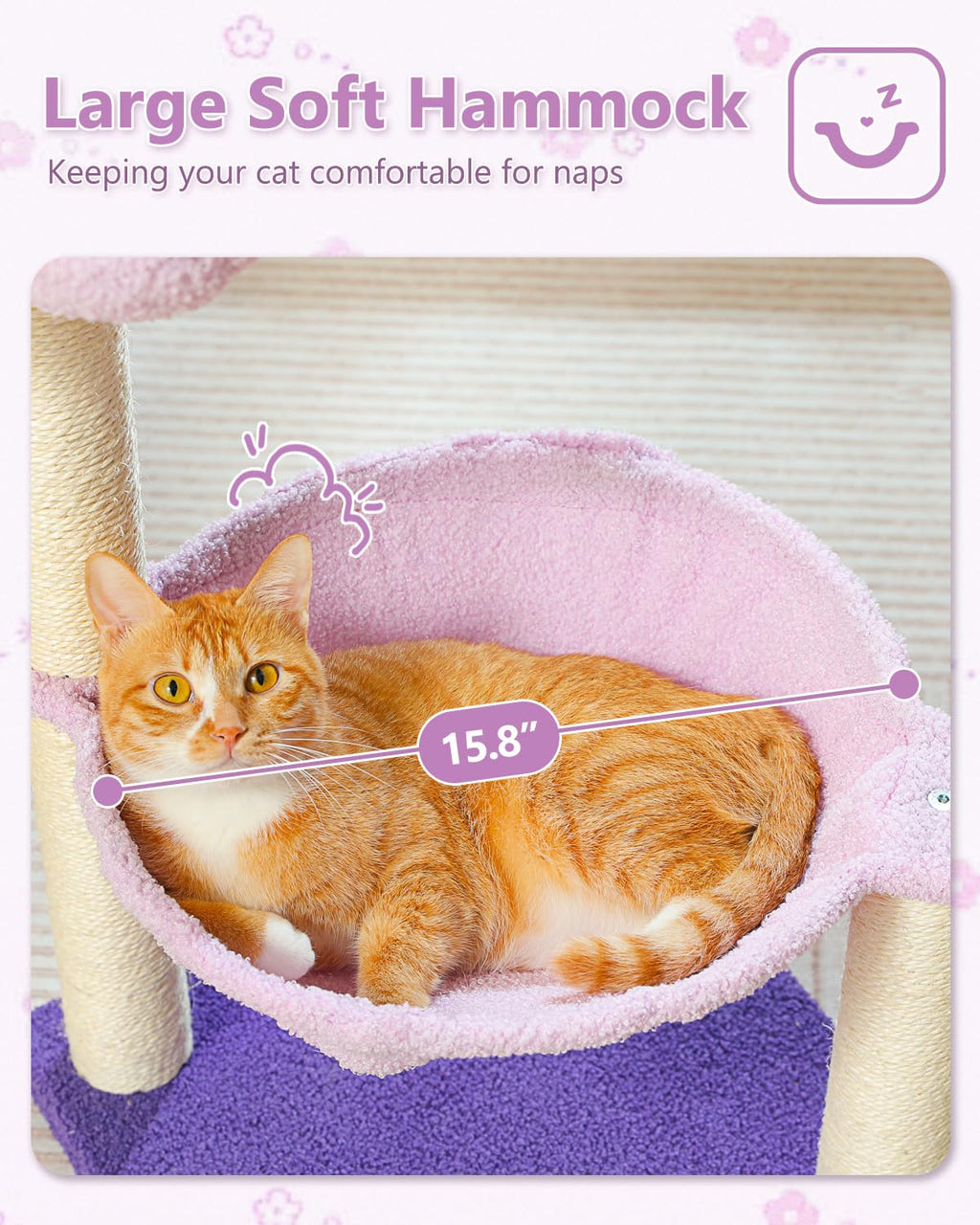 MUTTROS Flower Cat Scratching Post, 28" Cute Cat Tree Tower for Indoor Cats with Large Hammock Soft Perch Bed, Replaceable Toy Ball for Kittens, Purple