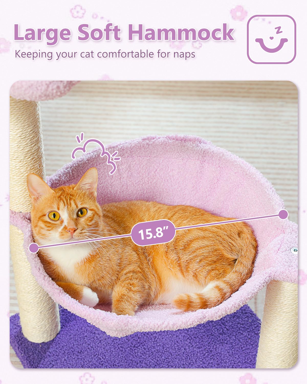 MUTTROS Flower Cat Scratching Post, 28" Cute Cat Tree Tower for Indoor Cats with Large Hammock Soft Perch Bed, Replaceable Toy Ball for Kittens, Purple