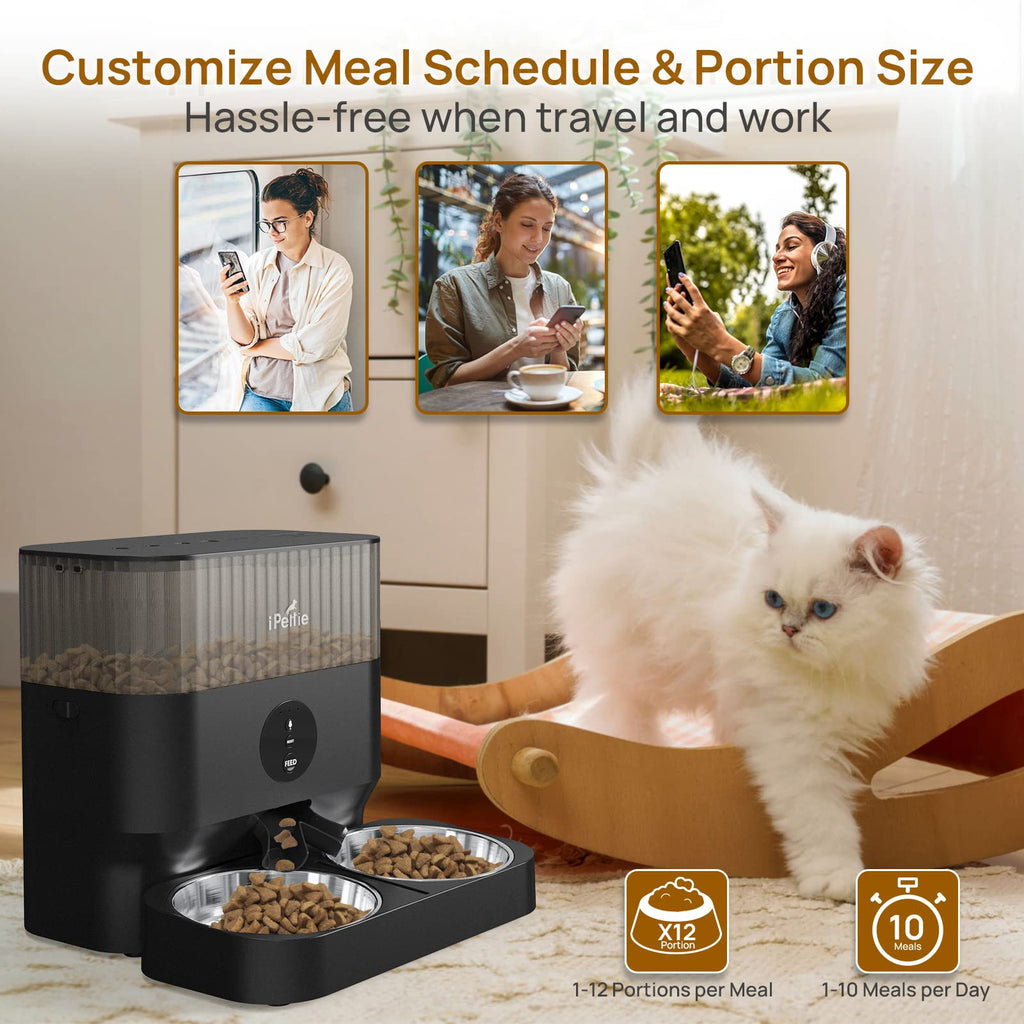 iPettie Automatic WiFi Pet Feeder for 2 Pets, 5L Capacity, 1-10 Meals Per Day, Adjustable Bowl Height, Smart Dog Cat Feeder with 2 Stainless Steel Bowls, 2.4G WiFi App Control for Cats and Small Dogs