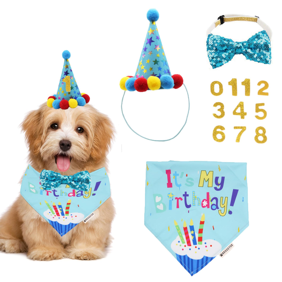 ADOGGYGO Dog Birthday Hat Bandana Bow Tie Set, Navy Blue, Large