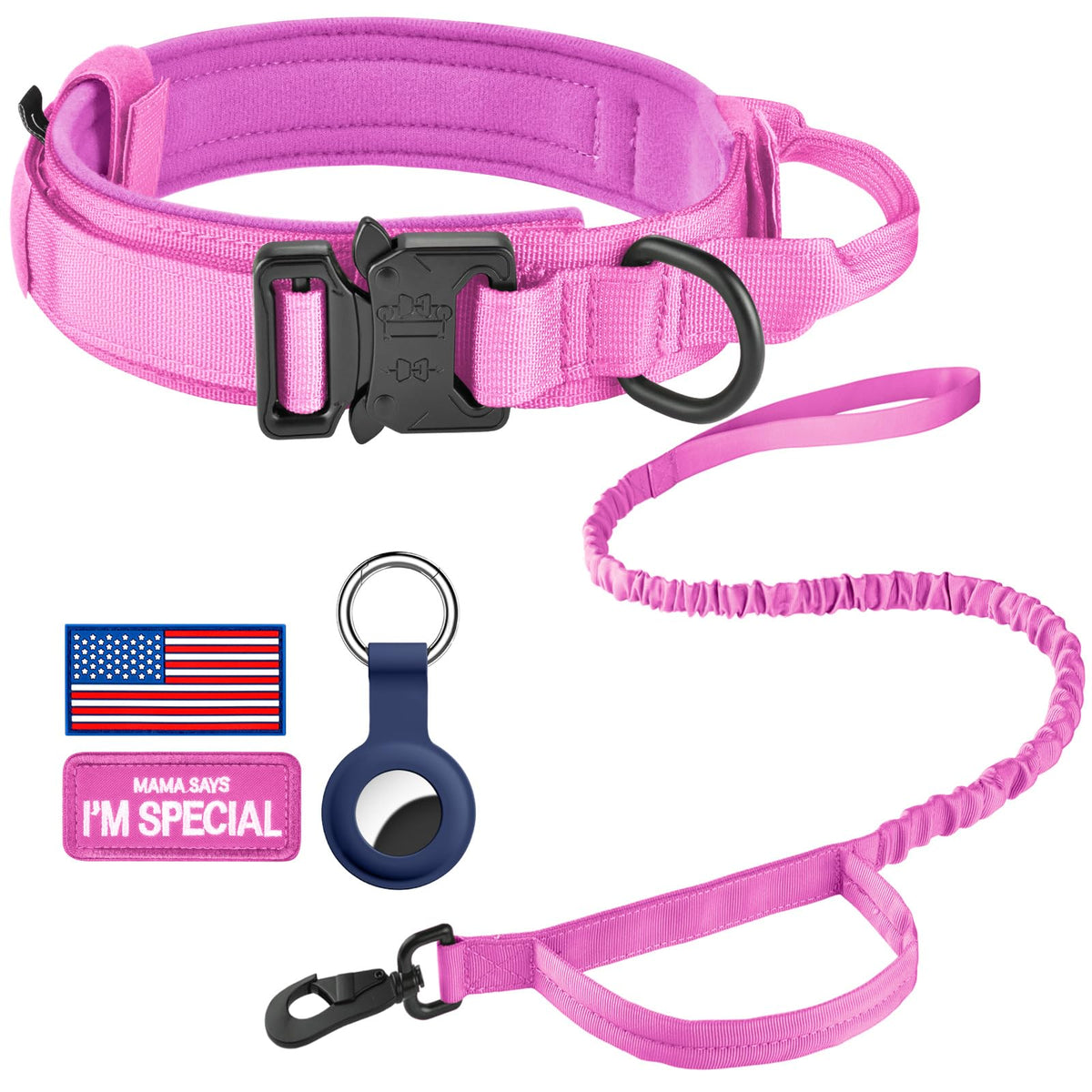 DAGANXI Tactical Dog Collar, Adjustable Military Training Nylon Dog Collar with Control Handle and Heavy Metal Buckle for Medium and Large Dogs, with Patches and Airtags Case (L, Pink)