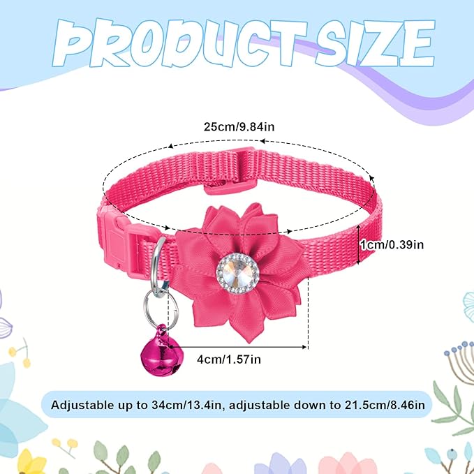 Tweruna 6 PCS Flower Kitten Collar with Bell, Adjustable Cute Cat Collar with Rhinestone for Female, Breakaway Small Kitten Collars, 6 Colors