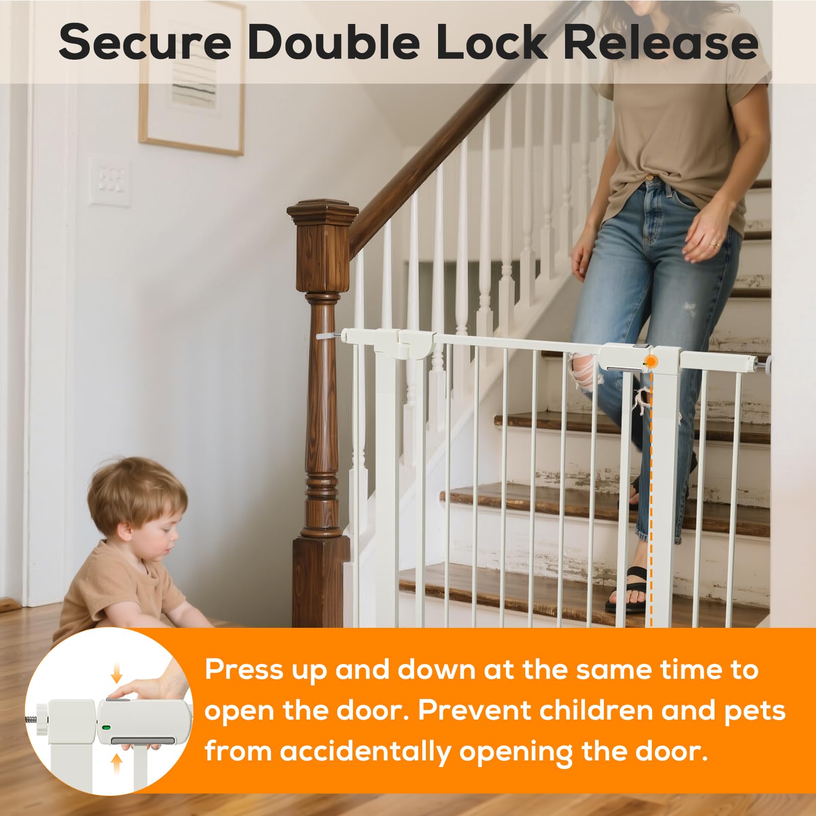 MUTAK 29.5-54.2" Magnetic Baby Gate for Stairs, Baby Safety Essentials, Auto Close Gate for Doorways, Easy Install Pressure Mounted Dog Gate Indoor, Pet Gates for Dogs, White