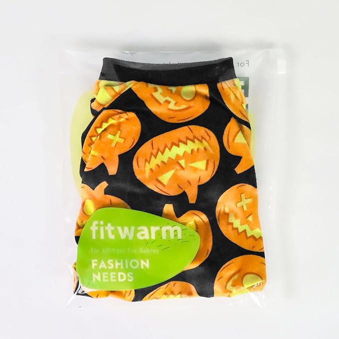 Fitwarm Halloween Pumpkin Dog Pajamas, Funny Dog Winter Clothes for Small Dogs Girl Boy, Pet Jumpsuit, Cat Halloween Costumes with Feet, Lightweight Velvet, Black, Orange, XXL