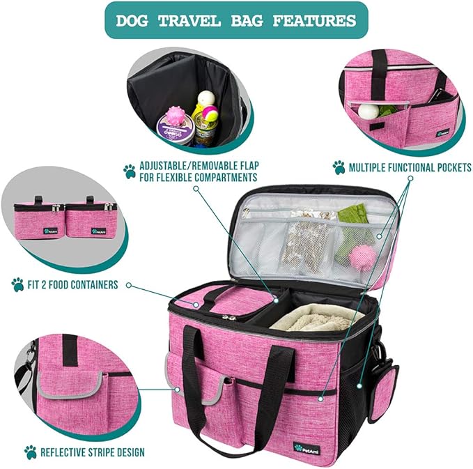 PetAmi Dog Travel Bag Organizer, Pet Supplies Tote Diaper Bag, Pink Medium