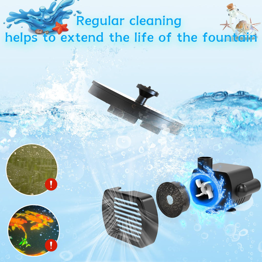 AMZtime Solar Fountain, Upgraded Solar Bird Bath Fountains with 6 Nozzles