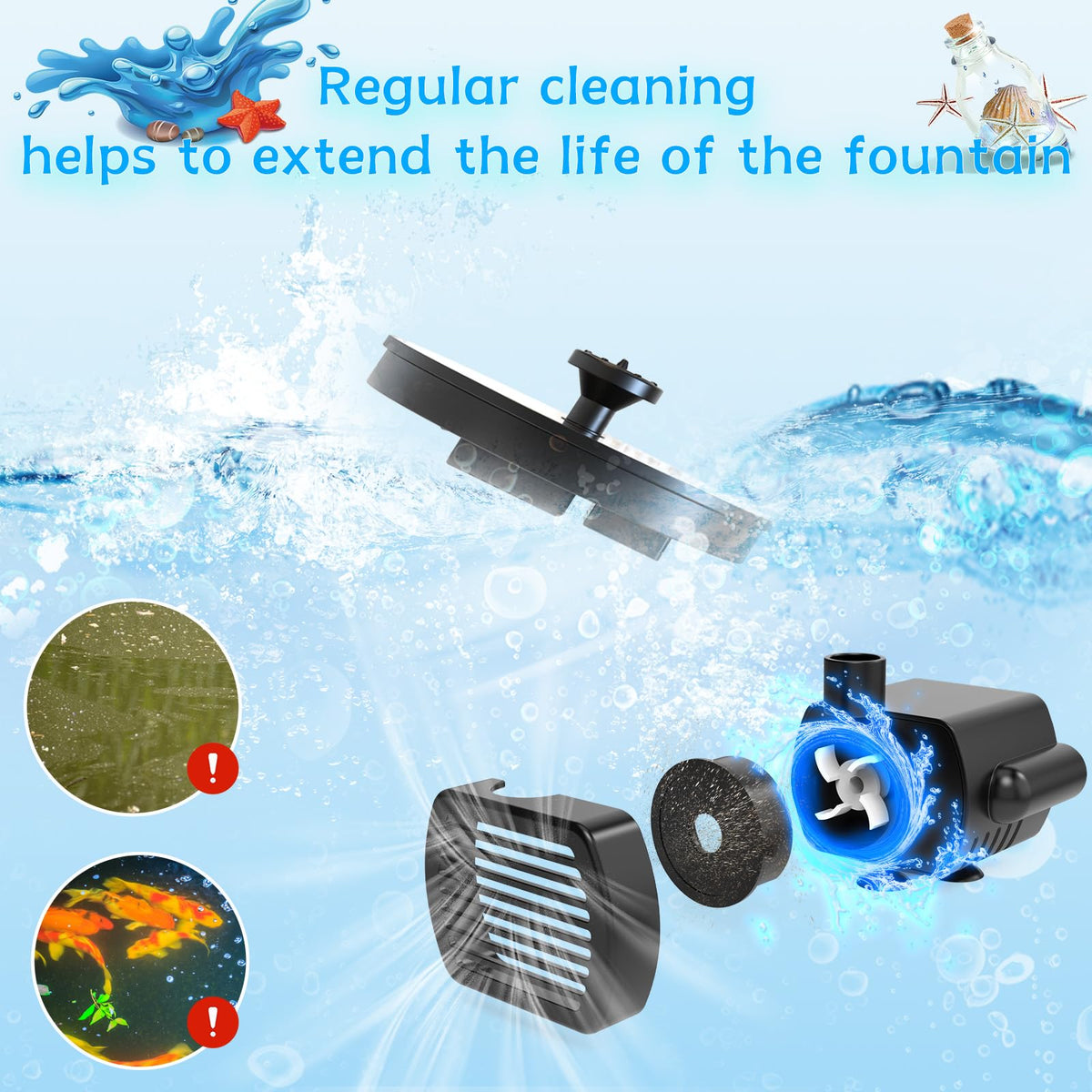 AMZtime Solar Fountain, Upgraded Solar Bird Bath Fountains with 6 Nozzles