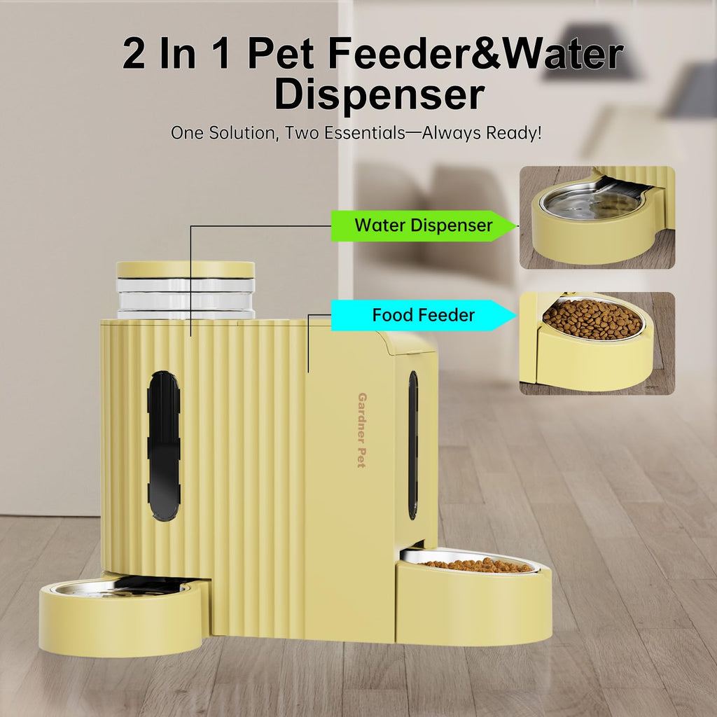 Gardner Pet Gravity Automatic 2-in-1 Pet Feeder, 0.8 Gallons*2 Cat Feeder and Water Dispenser Set, 100% BPA-Free and Stainless Steel Water Bowl for Dogs, Cats, Rabbits, Puppies (Yellow)