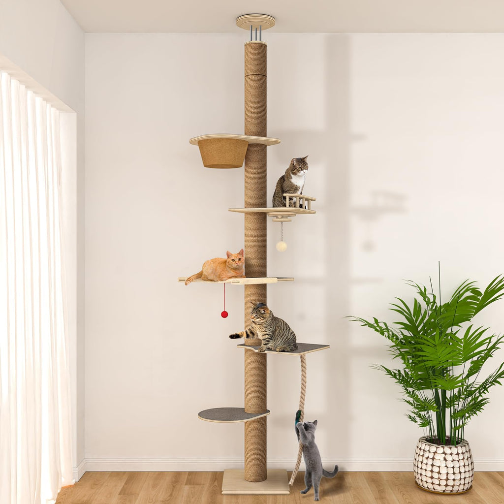 Cat Tree Floor to Ceiling, Cat Tower with Hammock & Perch, Scratching Post