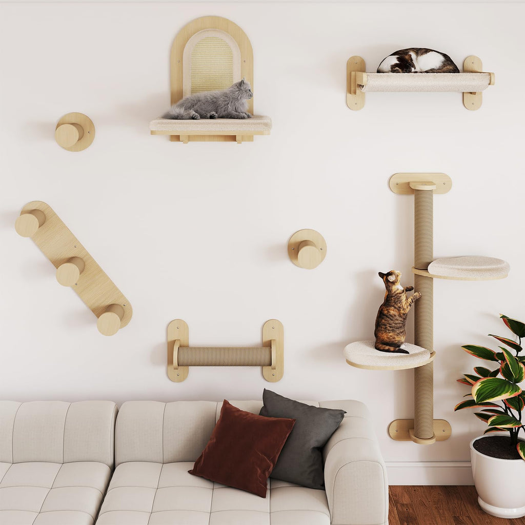 BYBYME 7 Pcs Wall-Mounted Cat Shelves, Multi-Level Sturdy Climbing Frame with Scratching Posts, Kitten Platform & Cat Bed for Playing & Resting, Solid Wood Indoor Cat Room Tree（Natural Wood）