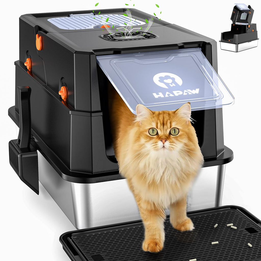 HAPAW Stainless Steel Litter Box with Lid, Anti-Leakage Enclosed Metal Litter Box, Flip-Top Extra Large Kitty Litter Pan with Scoop & Pedal, Odor Free, Front & Top Dual Entry, Black