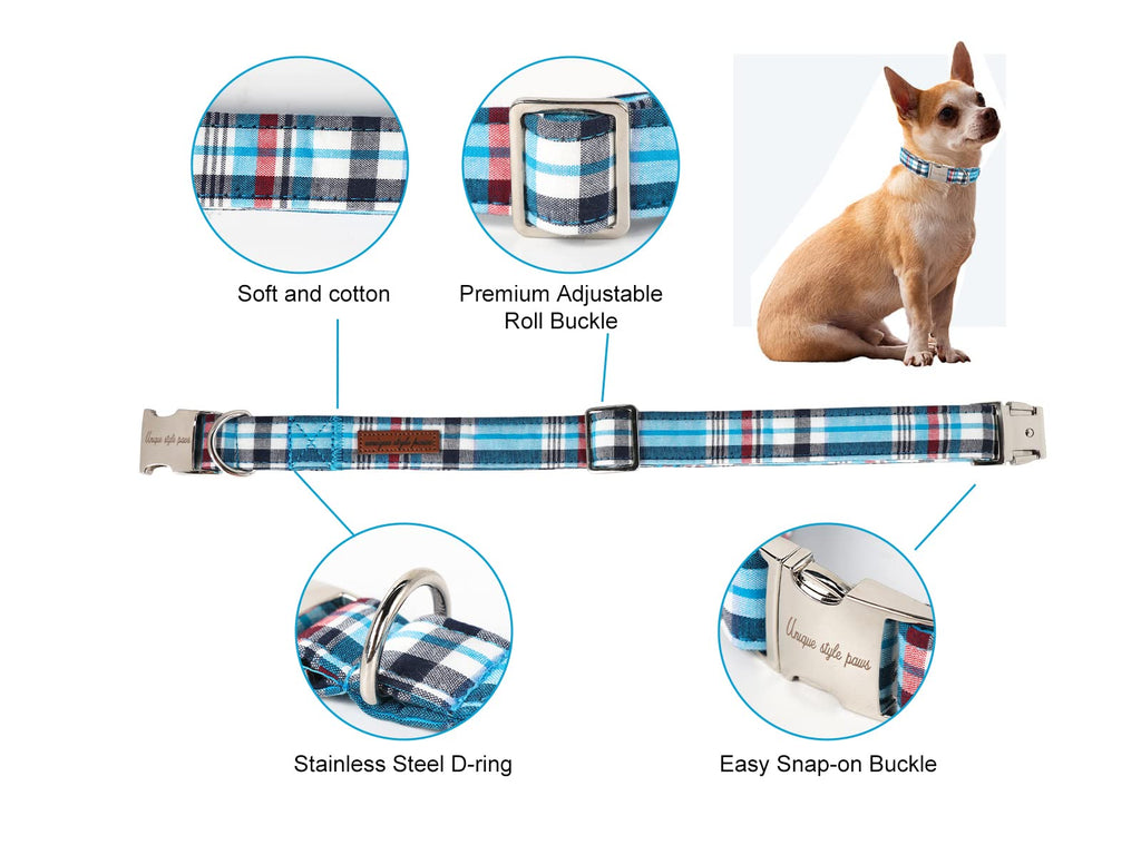 Unique Style Paws Metal Buckle Blue Plaid Collar - Durable & Cute for Small, Medium & Large Dogs