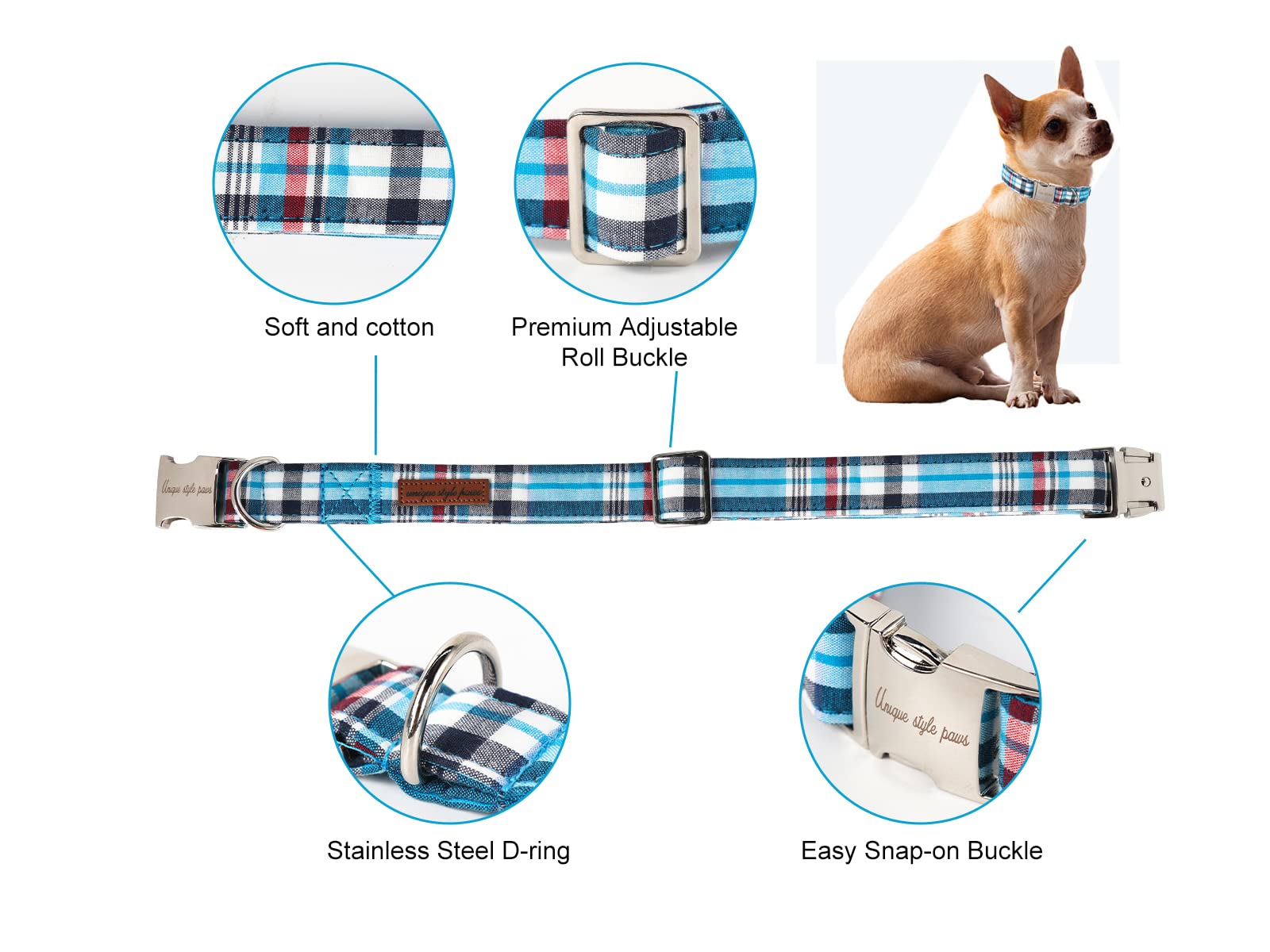Unique Style Paws Metal Buckle Blue Plaid Collar - Durable & Cute for Small, Medium & Large Dogs