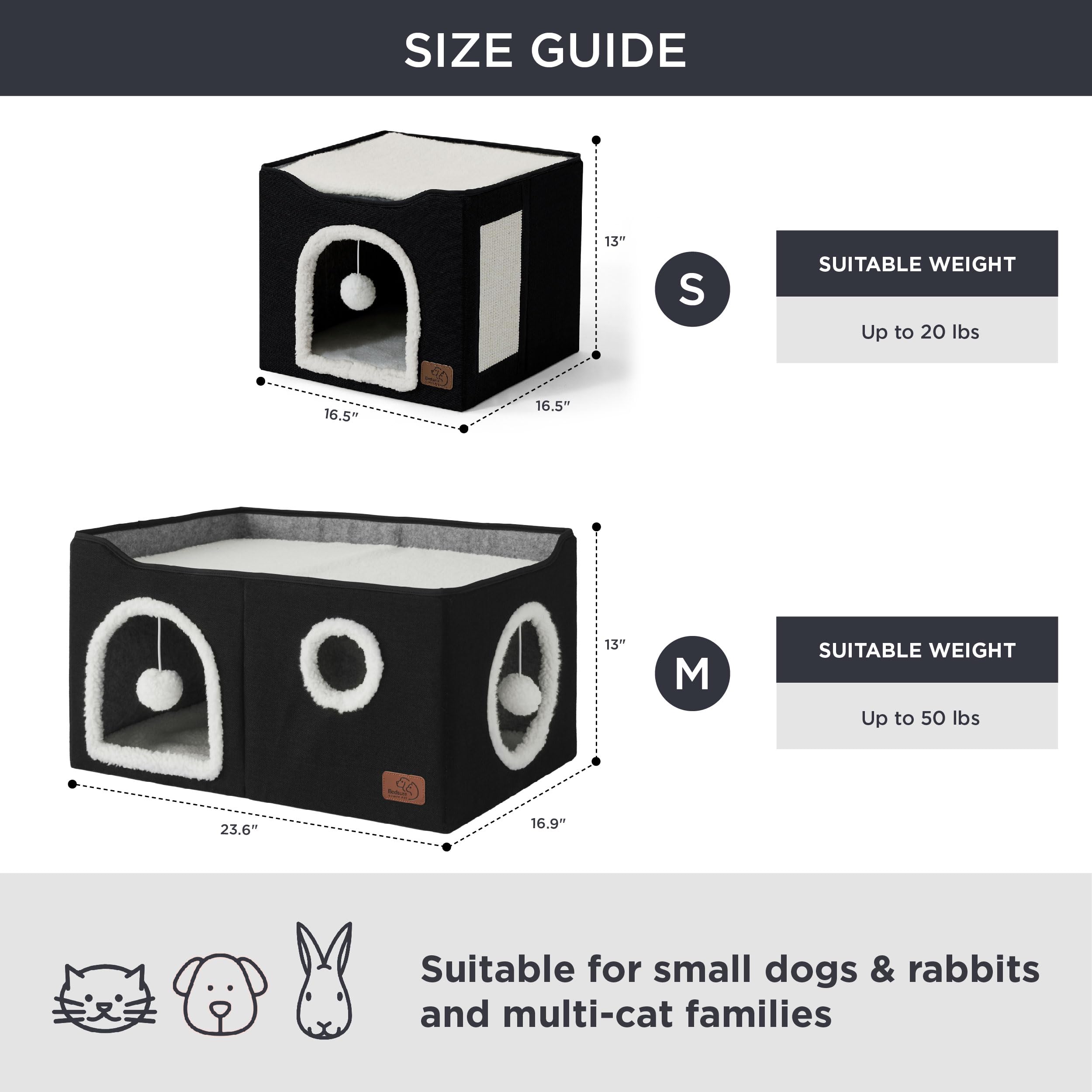 Bedsure Extra Wide Cat House Bed with Fluffy Ball and Scratch Pad,Black