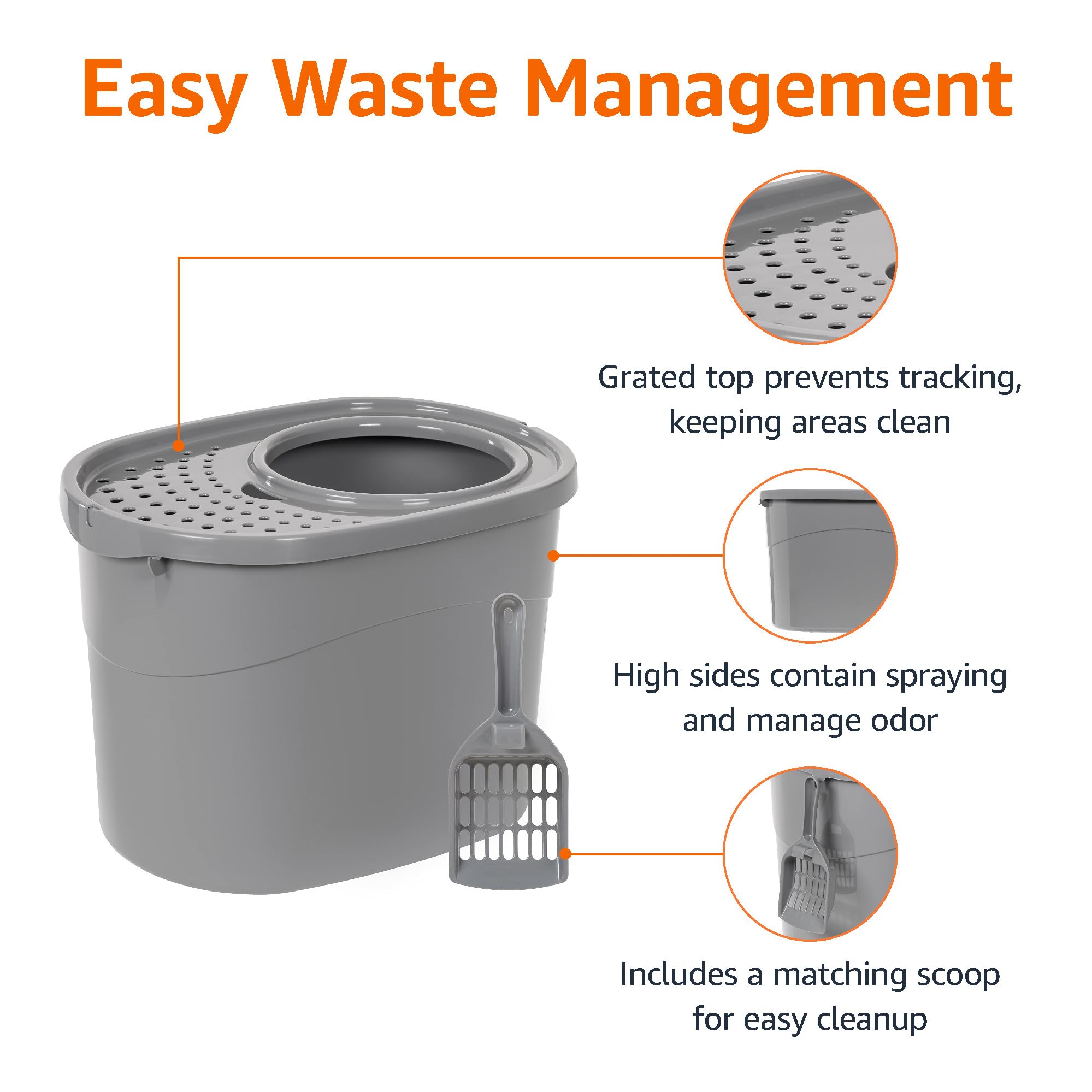 Amazon Basics Large Cat Litter Box with High Sides, Top Entry, Odor Control, Includes Scoop, 20.5 x 14.75 x 14.38 inches, Grey