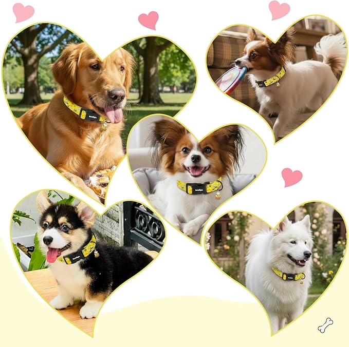 Astdogio Yellow Dog Collar for Medium Dogs, Spring & Summer Theme Medium Dog Collars Featuring Bee Pollinating White Flowers Pattern, Adjustable Cotton Collar for Girl Boy Dogs -M