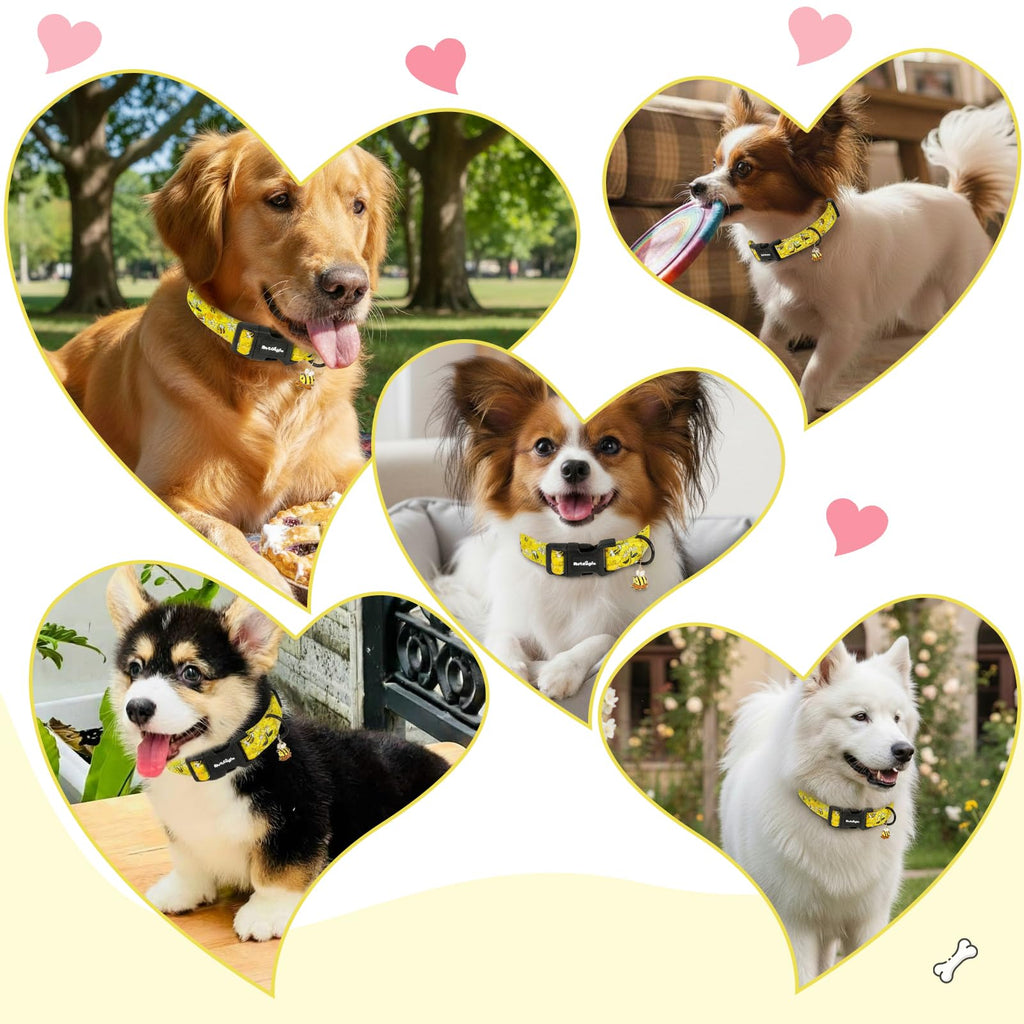 Astdogio Yellow Dog Collar for Small Dogs, Spring & Summer Theme Small Dog Collars Featuring Bee Pollinating White Flowers Pattern, Adjustable Cotton Collar for Girl Boy Dogs -S