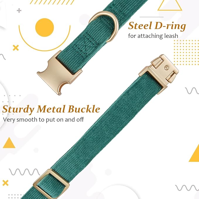 Soft Cotton Dog Collar with Metal Buckle Adjustable Heavy Duty Comfy Corduroy Collars for Small Medium Large Dogs,Dark Green,Small