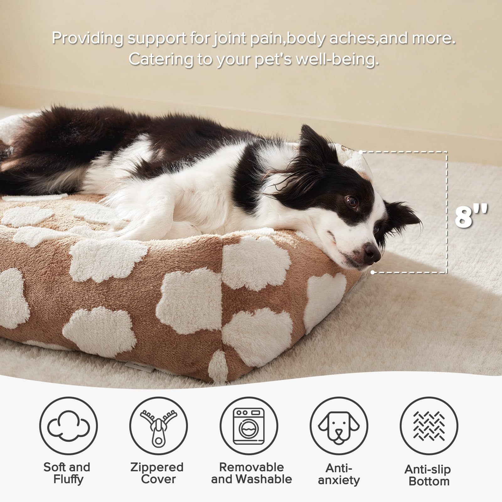 JOEJOY Medium Dog Bed Medium Size Dog, Rectangle Washable Orthopedic Pet Bed with Removable Zipper Cover, Cute Soft Calming Puppy Pet Bed with Jacquard Shaggy Plush & Non Skid Bottom