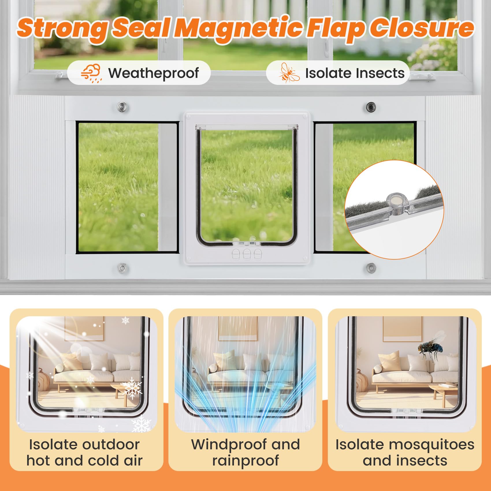 Full Size Cat Door Window Insert，Adjustable Width of 23"-28", 4 Locking Modes, Magnetic Closure, 10-Min Quick Install, HD Transparent Flap,Weatherproof Window Pet Door for Cats & Small Dogs