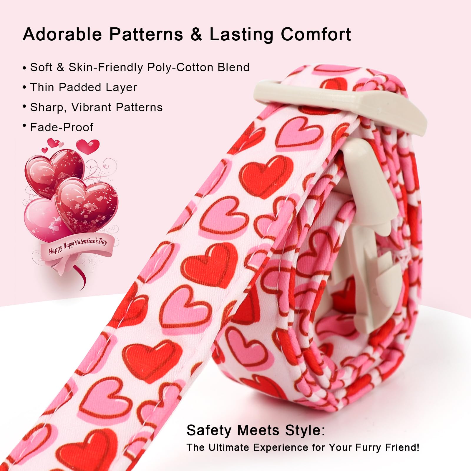 Babole Pet Valentines Dog Collar for Small Dogs - Pink Valentine Hearts Dog Collars, Girly Love Female Dogs Collars, Lightweight Adjustable Cute Puppy Collar with Quick-Release Buckle S