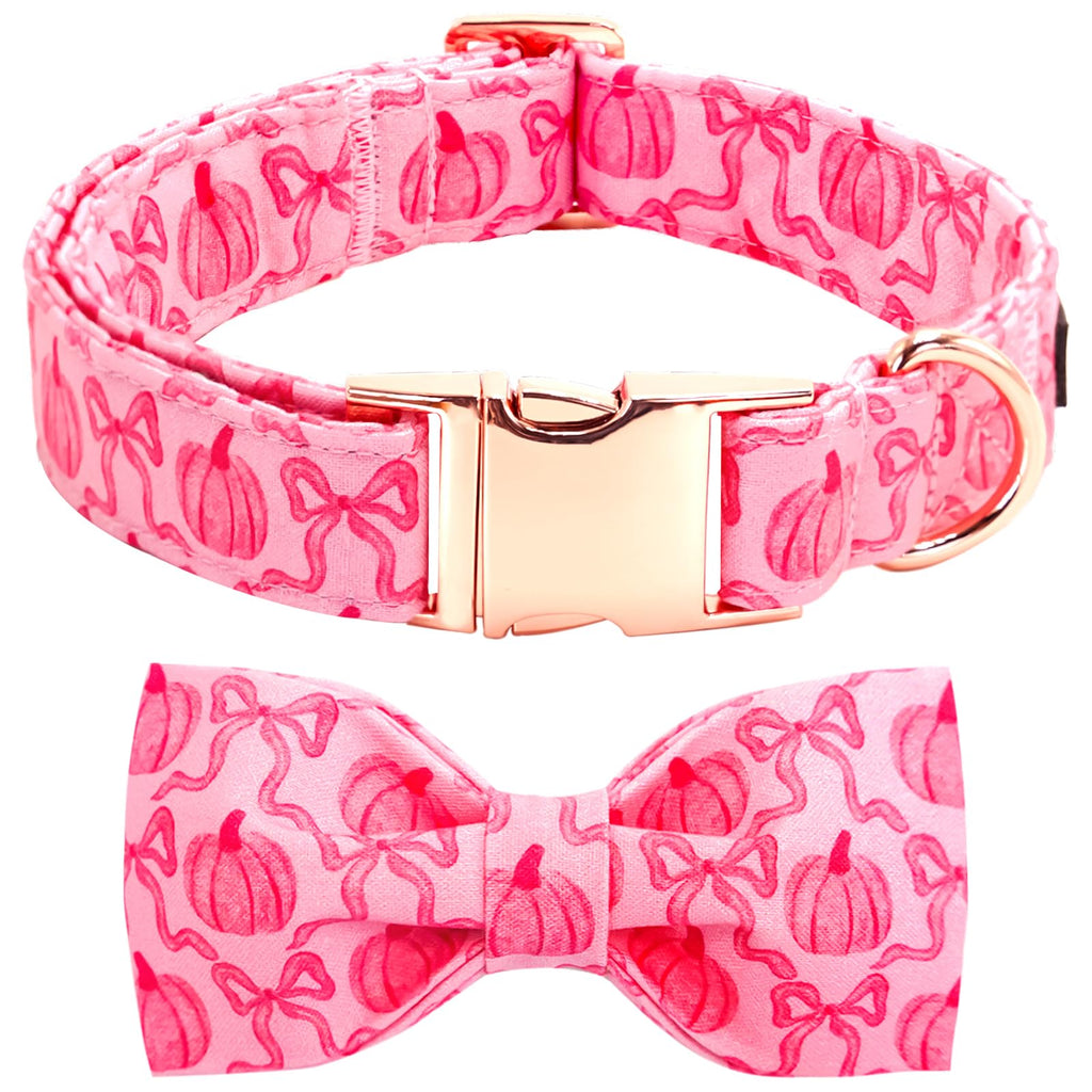 Bobo Rainbow Dog Collar, Pink Pumpkin Print Adjustable Pet Collar Cute Cotton Soft Collars with Bow Tie Fall Metal Buckle Holiday Puppy Collars Boy&Girl Gift for X-Small Dogs