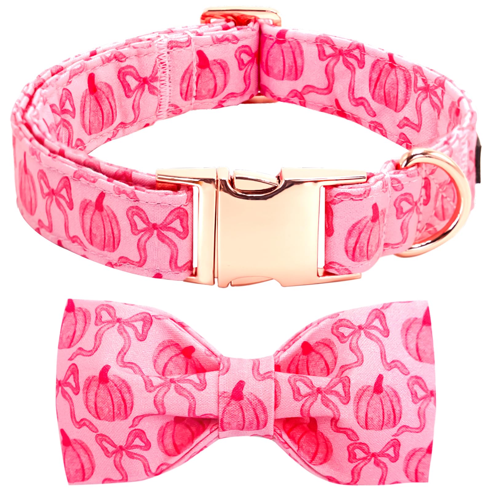 Bobo Rainbow Dog Collar, Pink Pumpkin Print Adjustable Pet Collar Cute Cotton Soft Collars with Bow Tie Fall Metal Buckle Holiday Puppy Collars Boy&Girl Gift for X-Small Dogs