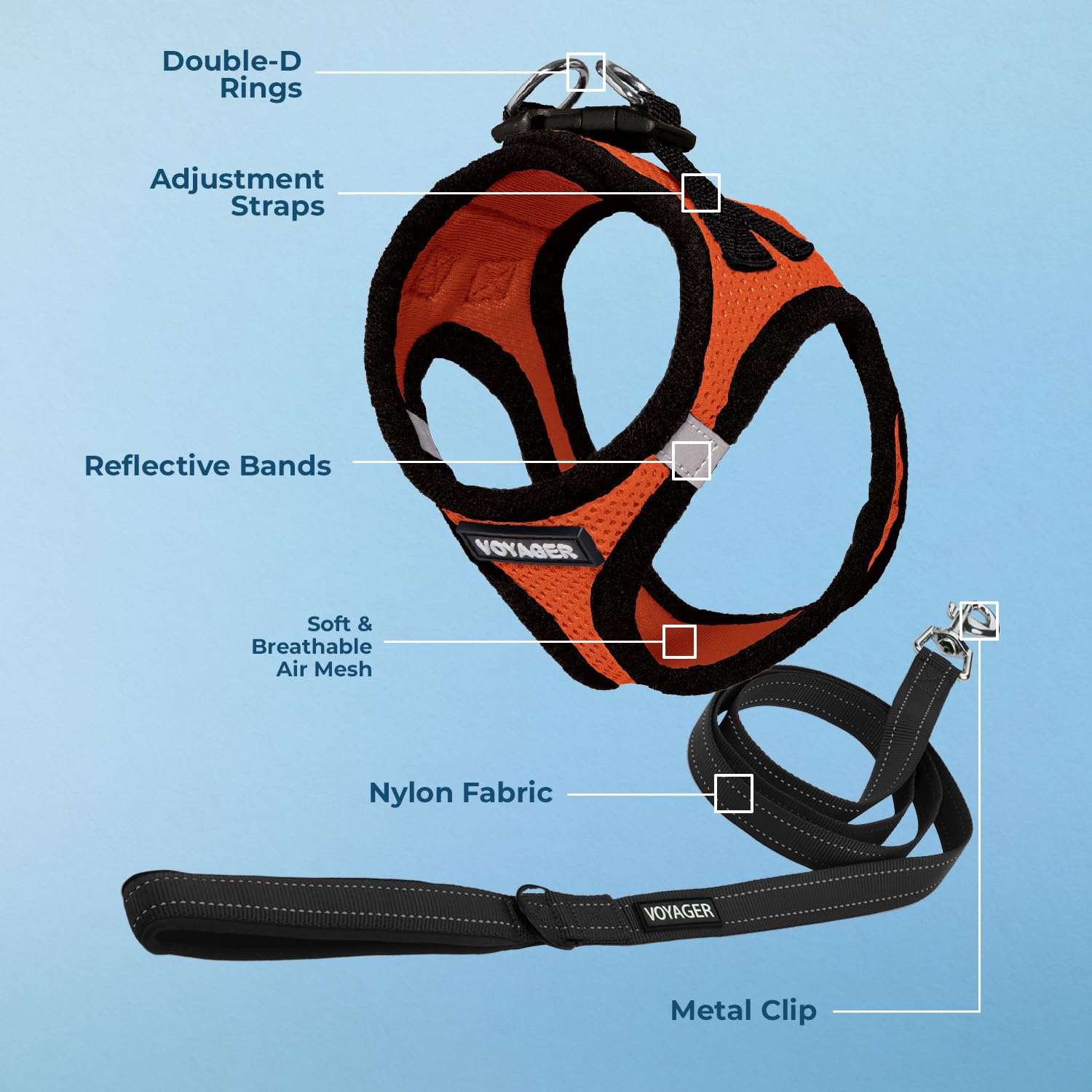 Best Pet Supplies Voyager Step-in Air All Weather Mesh Harness and Reflective Dog 5ft Leash Combo with Neoprene Handle, for Small, Medium and Large Breed Puppies - Orange/Black Trim, XX-Small