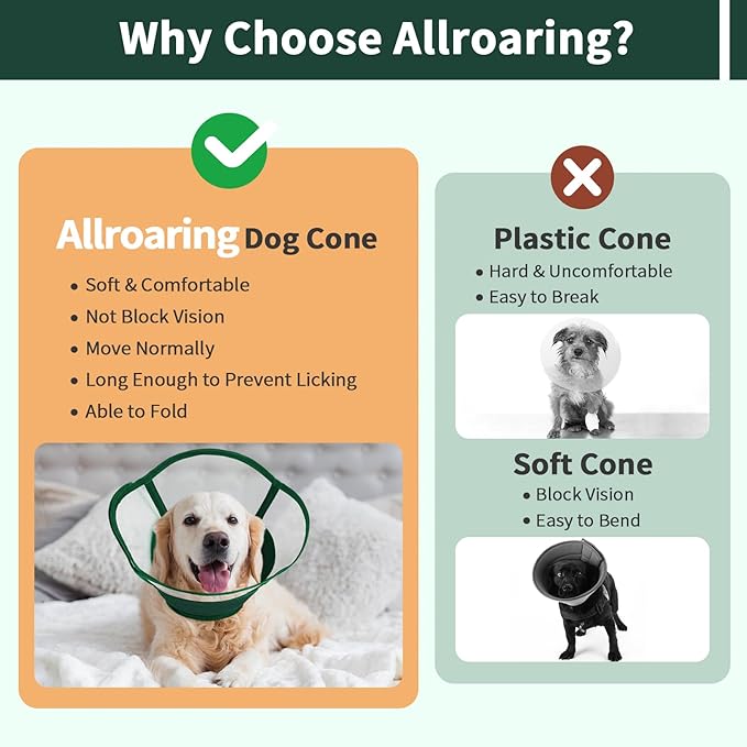 Allroaring Dog Cone Alternative, Soft Dog Cones for Large Dogs, Adjustable Doggie Recovery Cone Collar Comfy Pet Elizabethan Collars to Stop Licking for Wound Healing Care Spay Neuter, Green L