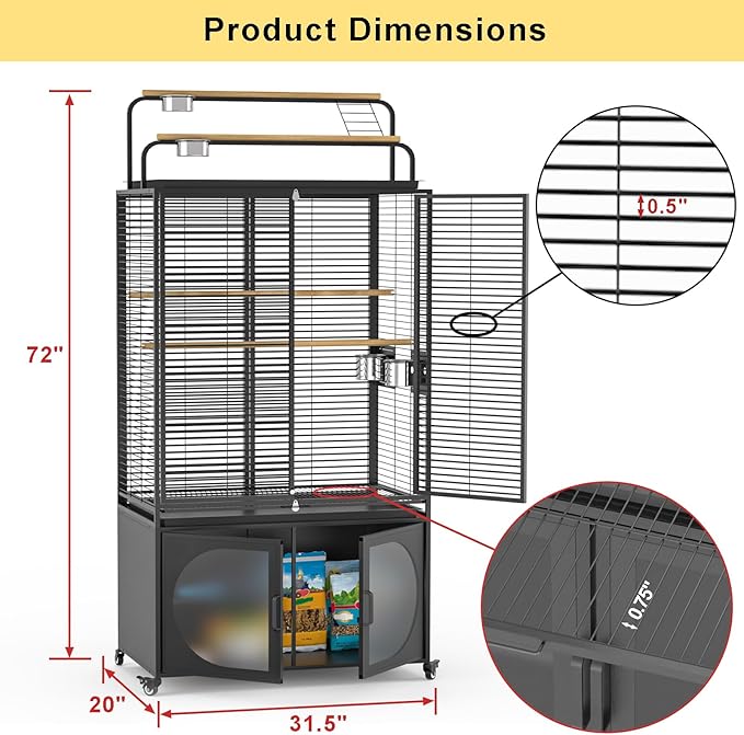 GDLF 72-Inch Parrot Bird Cage with Play Top and Storage Cabinet