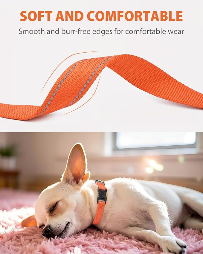 Joytale Puppy Collar, Feather-Light Double-Sided Reflective Nylon Collar for Night Safety, Adjustable Quick-Release for Extra Small Dogs, Orange, XS (3/8" Width)