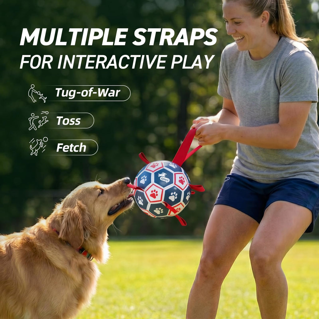 QDAN Dog Toys Soccer Ball with Straps：Durable Balls for Large Dogs, Outdoor Dog Toys, Puppy Birthday Gifts (7 Inch)