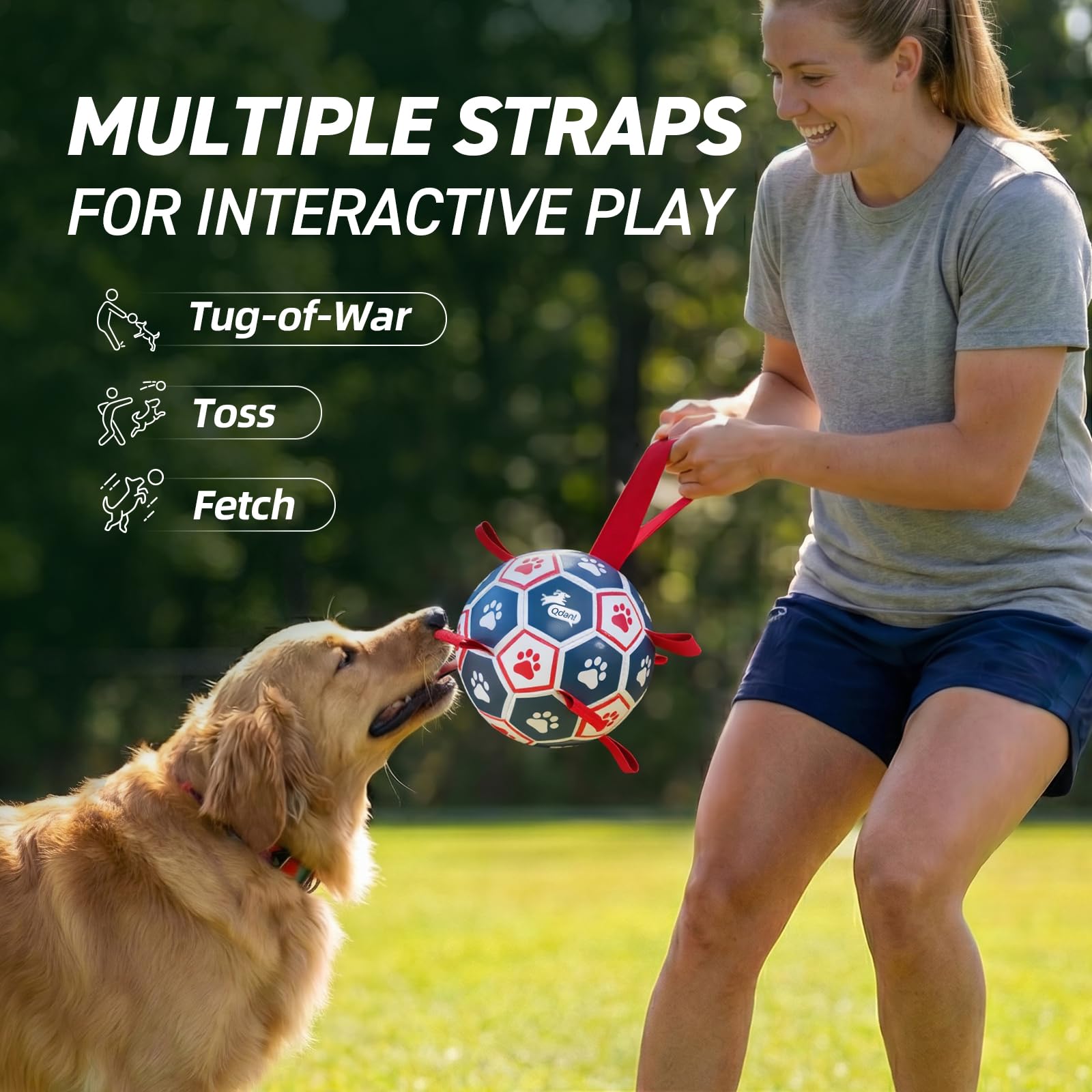 QDAN Dog Toys Soccer Ball with Straps：Durable Balls for Large Dogs, Outdoor Dog Toys, Puppy Birthday Gifts (7 Inch)